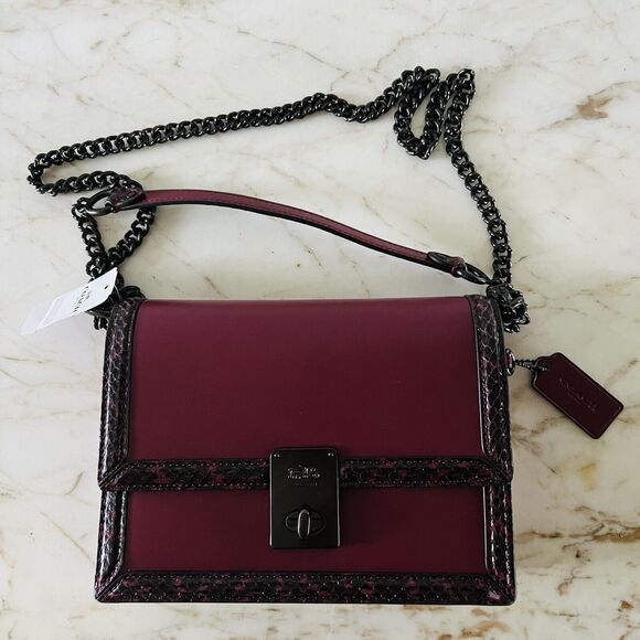 Coach Handbags - COACH Hutton Black Cherry Leather Snakeskin Detail Shoulder Bag